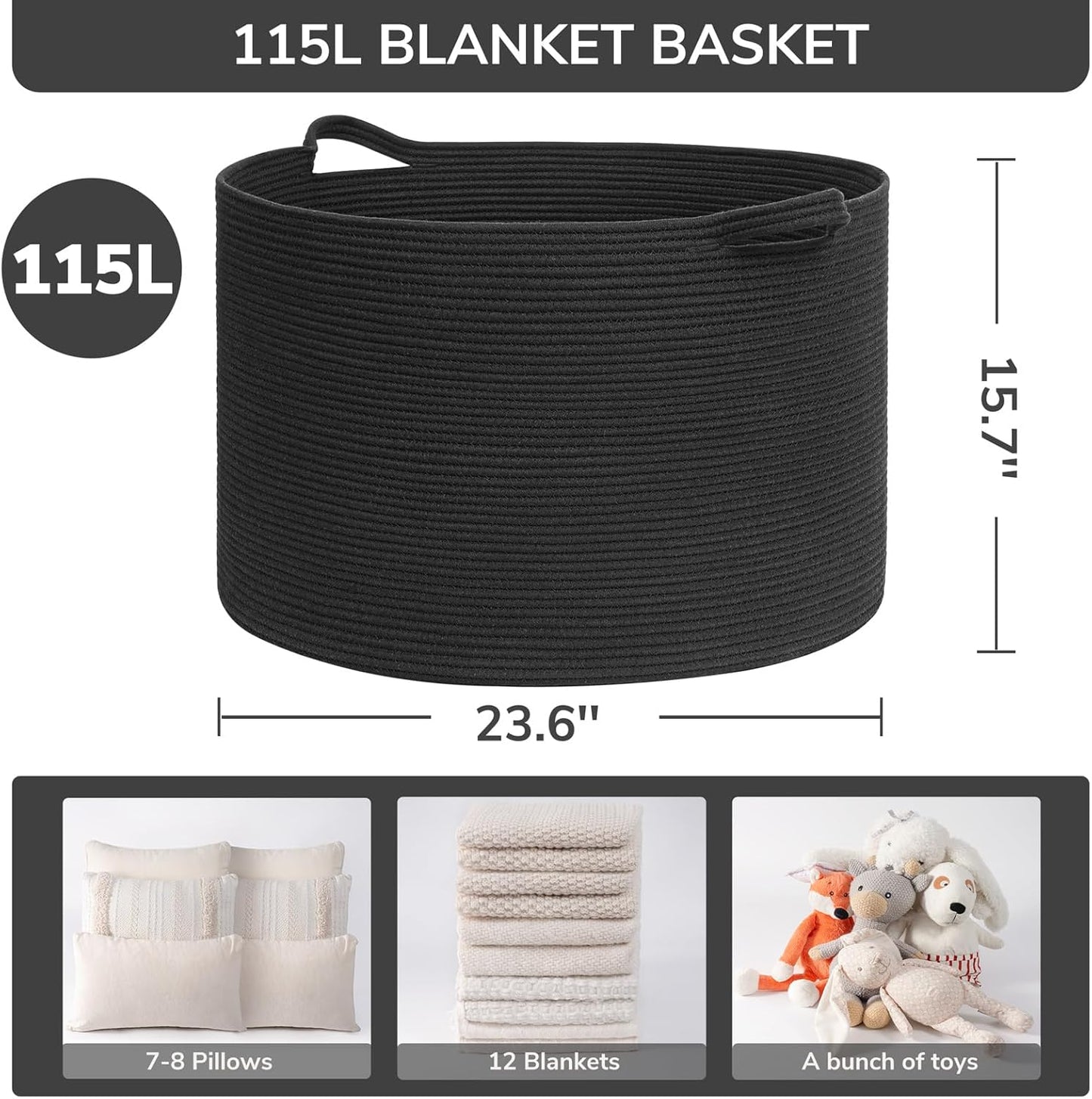 INDRESSME XXXLarge Blanket Basket for Living Room 21.7" x 21.7" x 13.8"-Storage Basket with Handle for Organizing Toy Pillows Woven Cotton Rope Laundry Basket Stuffed Animal Toy Storage for Play Room