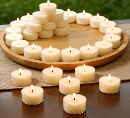 Soy Wax Tealight Candles 100 Packs, 4 Hour Long Burning, Unscented White Smokeless Candles, Non-Toxic Paraffin-Free Clear Acrylic Cup Tea Lights for Weddings, Home, Emergencies & Dinner
