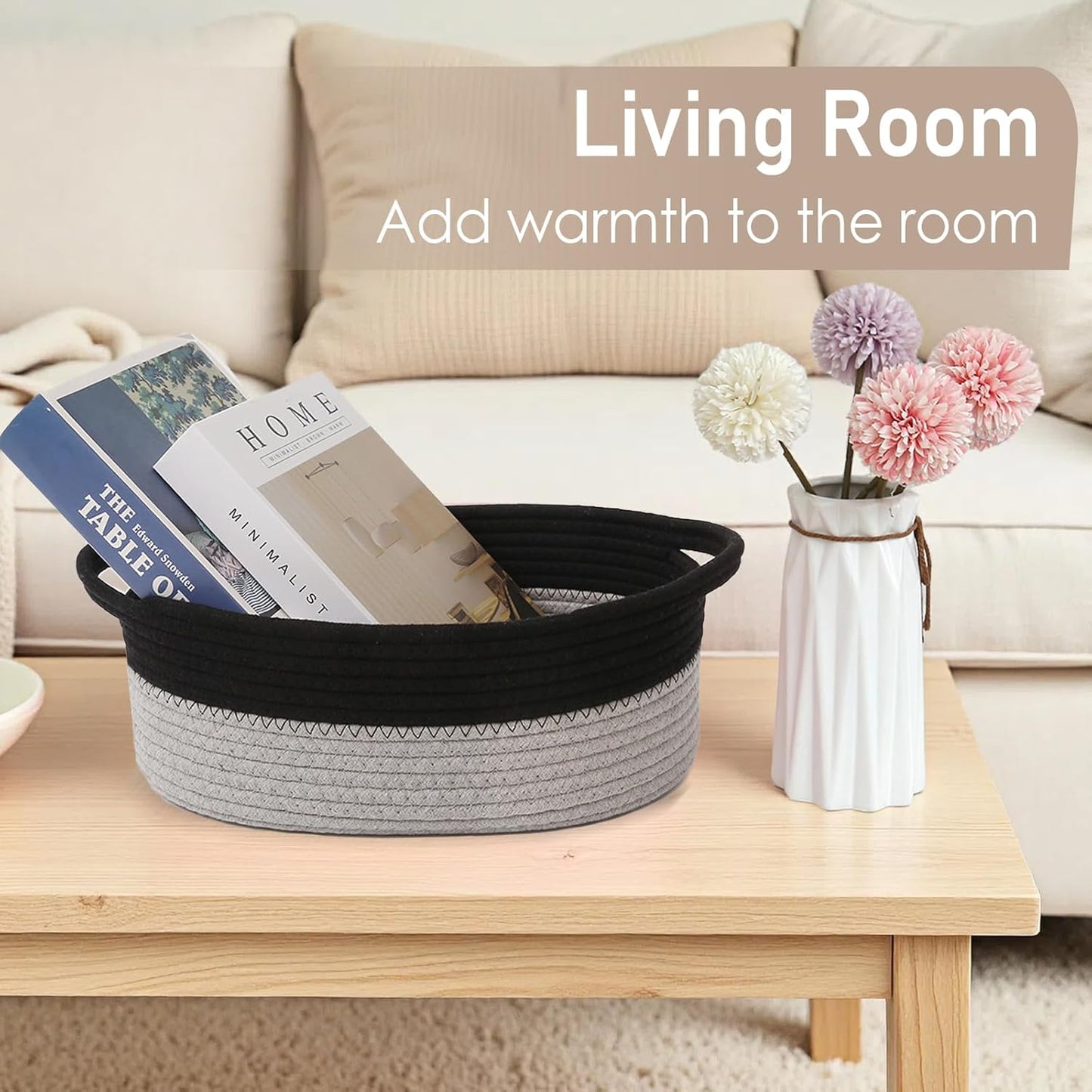 JMvicyroam Woven Basket,Small Rope Storage Bin with Handles & Ribbon Bag, Organizer for Shelves Closets,Gift Basket Empty for Birthday,Books,Dog Toys,White