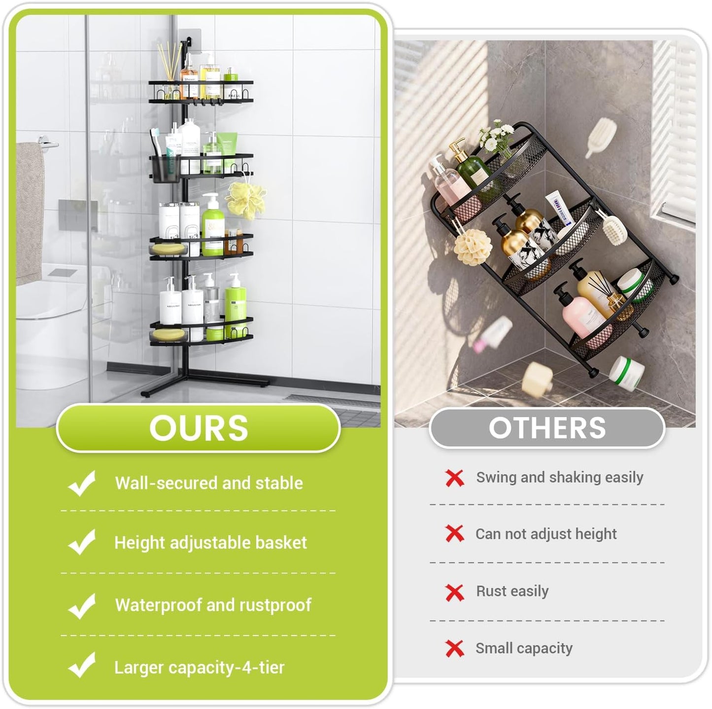 Aitatty Corner Shower Caddy Standing: 4-tier Rustproof Shower Organizer Shelf - Floor Shower Corner Shelf Rack Stand for Bathroom Black