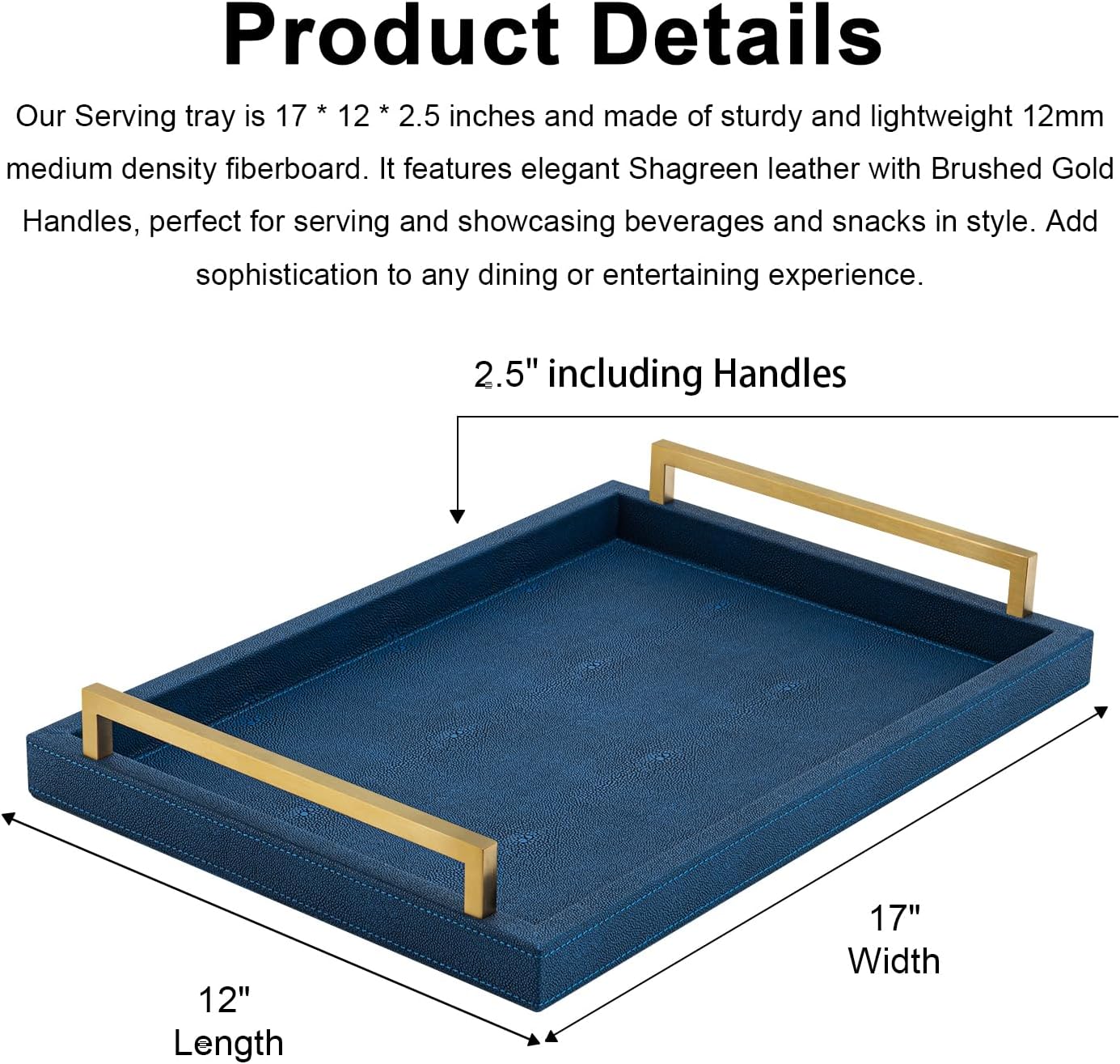 XIGEXIGE Ivory Shagreen Decorative Tray Large Rectangle Coffee Table Tray for Ottoman Faux Leather Serving Tray with Brushed Gold Handles