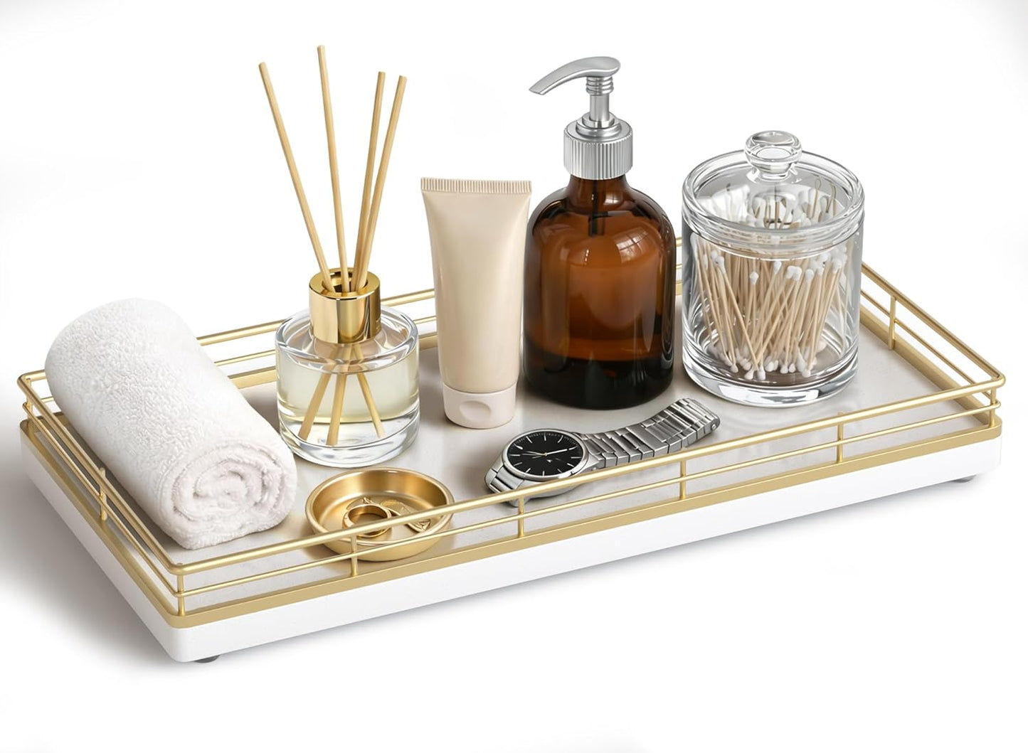 Bathroom Vanity Tray for Countertop, 12" x 6" Acacia Wood Toilet Tank Tray with Metal Guardrail, Bathroom Organizer for Soap, Perfume & Skincare, Non-Slip Decorative Tray for Dresser, Black & Acacia