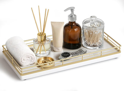Bathroom Vanity Tray for Countertop, 12" x 6" Acacia Wood Toilet Tank Tray with Metal Guardrail, Bathroom Organizer for Soap, Perfume & Skincare, Non-Slip Decorative Tray for Dresser, Black & Acacia