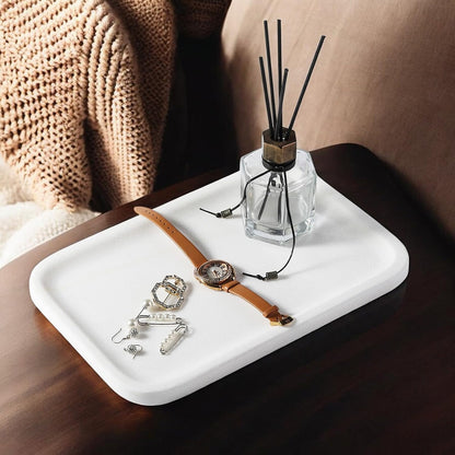 Koville Romano Travertine Tray, 12"x8" Natural Stone Vanity Tray for Countertop Bathroom Kitchen Dresser, Decorative Marble Catchall Trays for Perfume Jewelry, Rectangular Serving Tray(Beige)