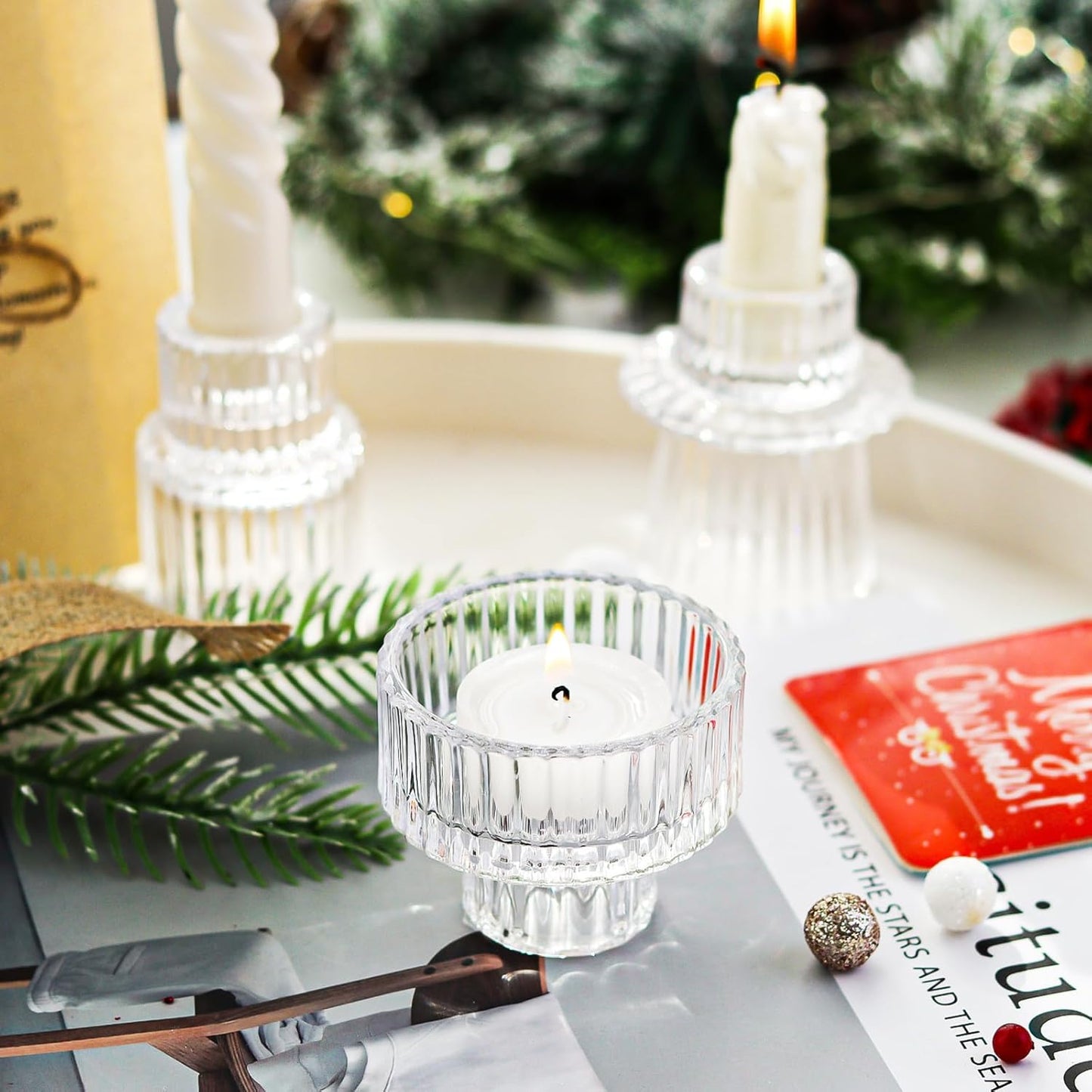 Brown Candlestick Holders 12PCS Ribbed Glass Taper Candle Holders Set for Tealight Candlestick Candles, Table Centerpieces for Thanksgiving Christmas Farmhouse Decor Indoor and Outdoor
