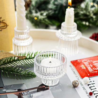 Brown Candlestick Holders 12PCS Ribbed Glass Taper Candle Holders Set for Tealight Candlestick Candles, Table Centerpieces for Thanksgiving Christmas Farmhouse Decor Indoor and Outdoor