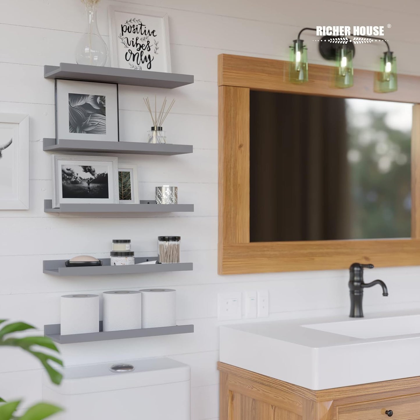 RICHER HOUSE 5 Set Floating Wall Mounted Shelves, Black Shelves for Wall Decor, Modern Picture Ledge Shelf with Lip for Storage, Nursery, Bedroom, Living Room, Bathroom - Black