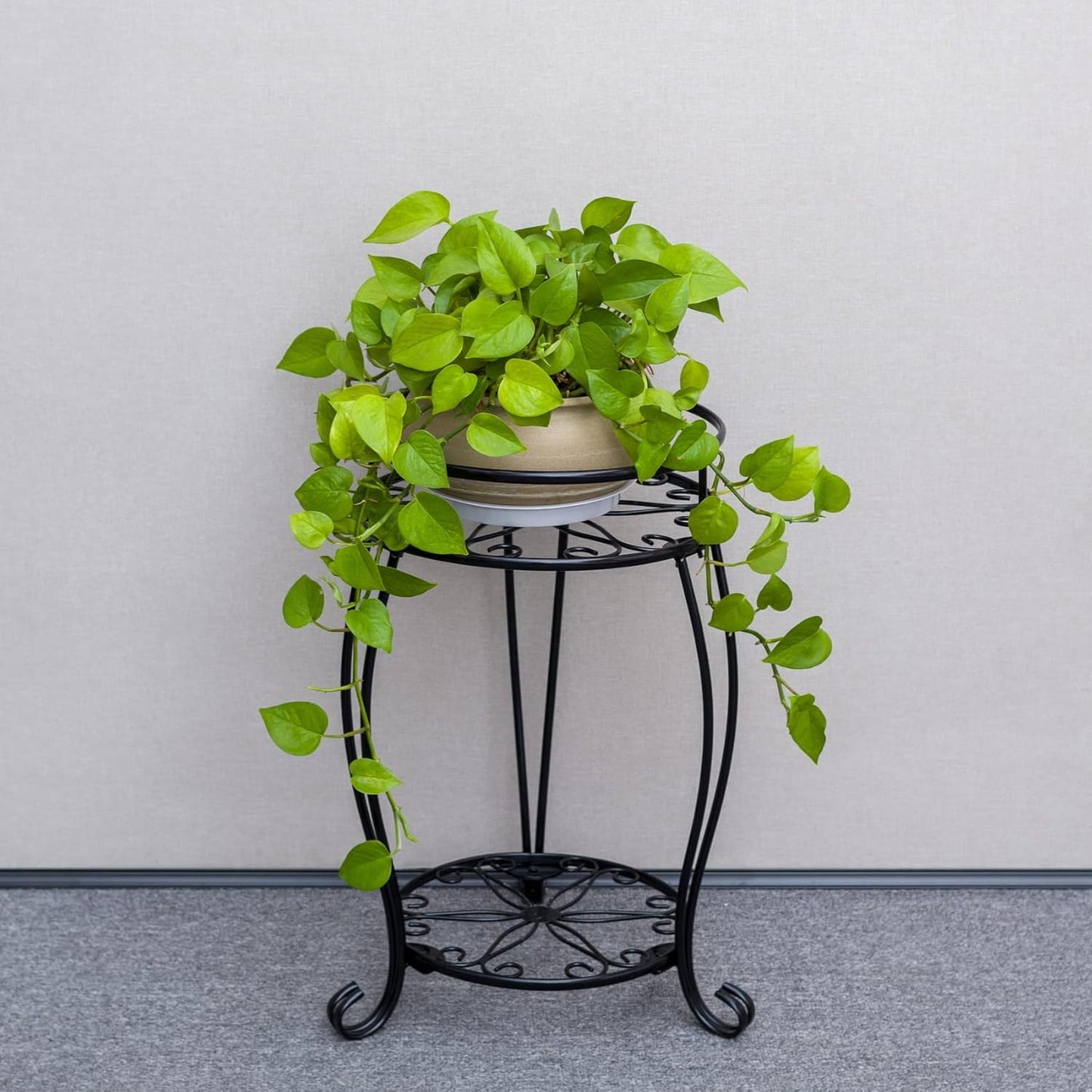 FaithLand 2 Pack Metal Plant Stands, Tall Planter Holder Indoor Outdoor, 2 Tier Round Potted Supports Rack, Corner Display Shelf Black