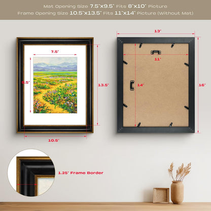 Golden State Art, 11x14 Photo Frame with Mat for Pictures 8x10 and Real Glass (Dark Gold Brown & Bronze Pewter Panel with White Color Mat, 1.25 Inch Frame Border)