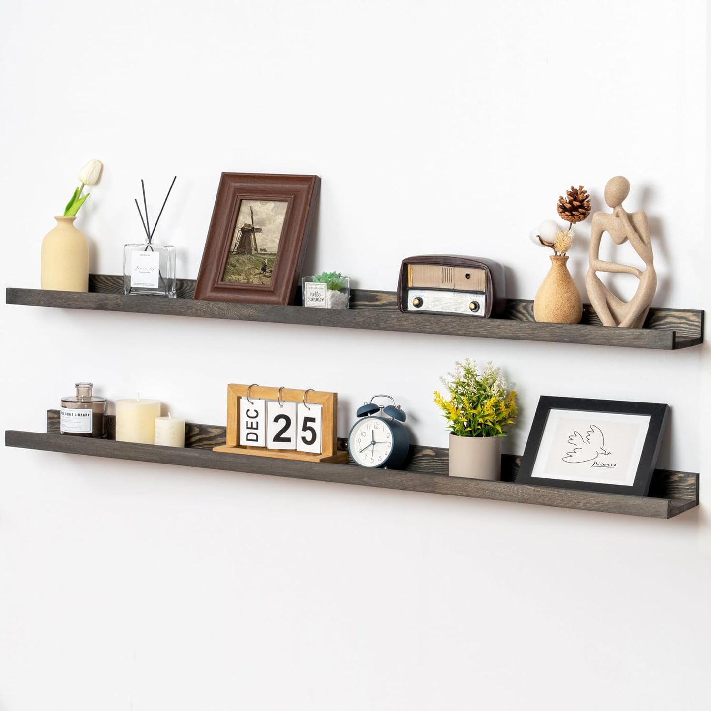 FLYJOE Picture Ledge Shelf, Floating Shelves Set of 2, Solid Pine Wood 55'' Long Large Nursery Book Shelves for Toys Storage, Kids Bookshelf for Living Room Bedroom Decor Books Photo Frames, Walnut