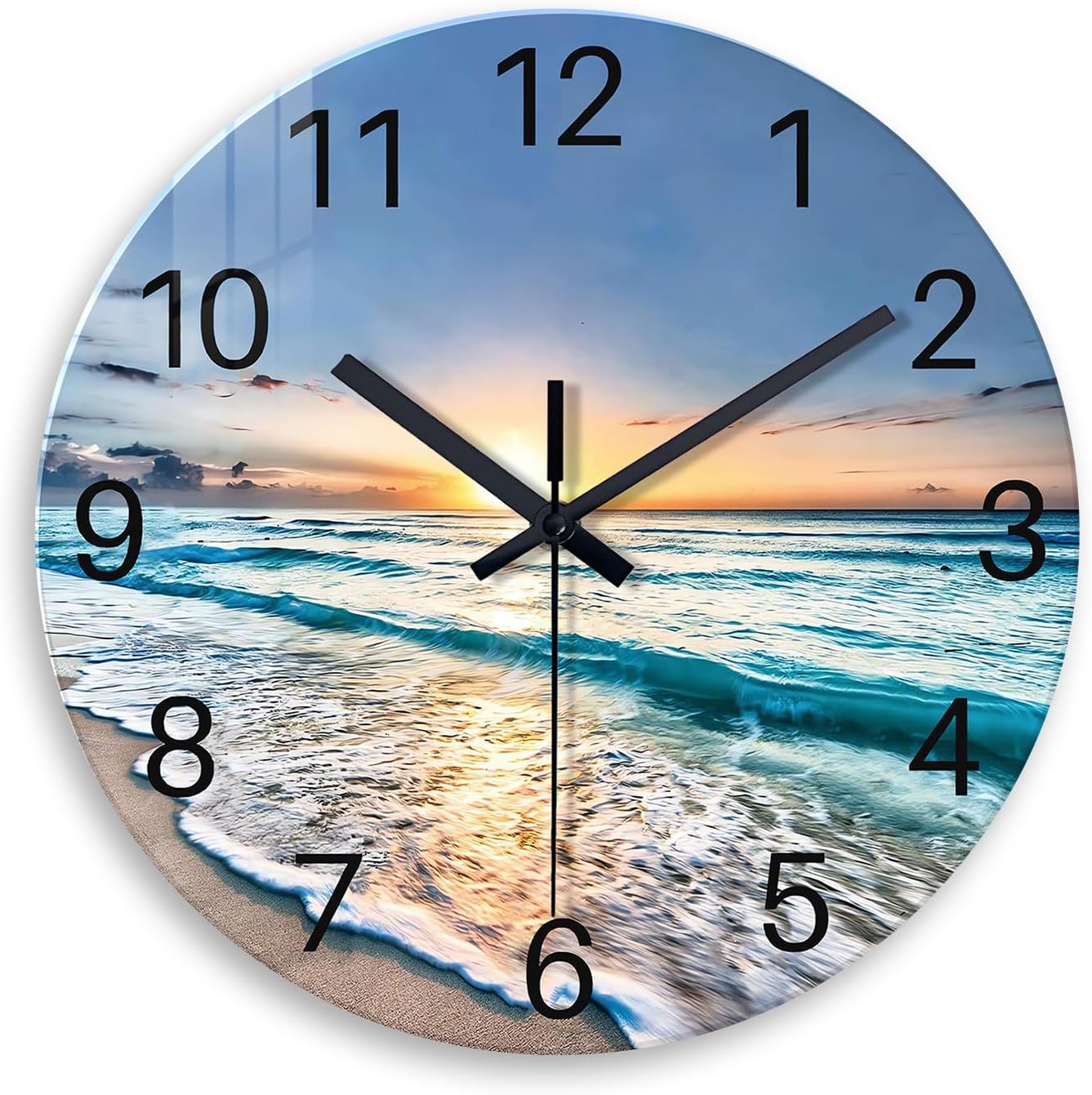 Beach Wall Clock Battery Operated 12 Inch Glass Wall Clock Non Ticking Analog Blue Wall Clocks for Bedroom Living Room Office Decor