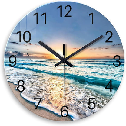 Beach Wall Clock Battery Operated 12 Inch Glass Wall Clock Non Ticking Analog Blue Wall Clocks for Bedroom Living Room Office Decor