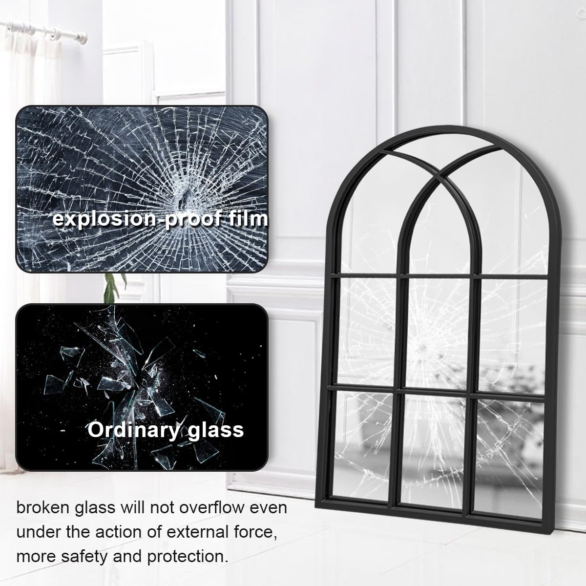 Dewfig 65"x 22" Arched Window pane Full Length Mirror, Wall Mirror, Floor Standing Mirrors, Farmhouse Long Full Body Mirrors Wall Mounted for Living Room, Bedroom, Entryway, Fireplace, Black