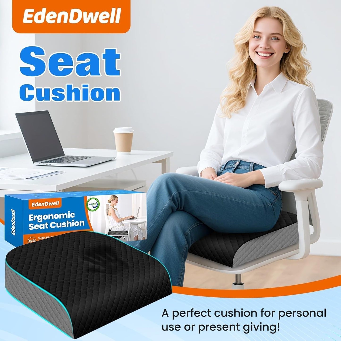 Seat Cushion, Memory Foam Chair Pad for Sciatica & Hip Pain Relief, Non-Slip Cushion for Office, Home, Car, Large Desk Chair Cushion, Washable Cover & Handle, Large, Black