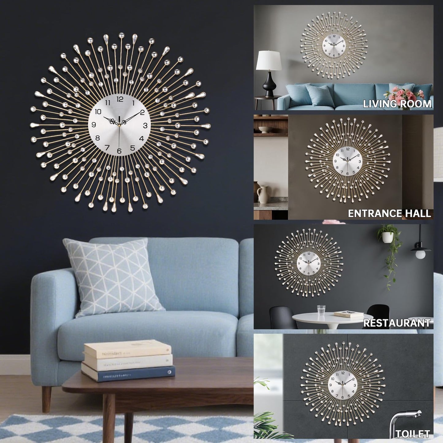SIN&MI Large Wall Clocks, Silent Sunflower Shape Chic Decorative Wall Clock, Modern Non-Ticking Round Clock Dial Iron Metal Wall Clock for Living Room Decor Entrance Office Cafe 20 Inch
