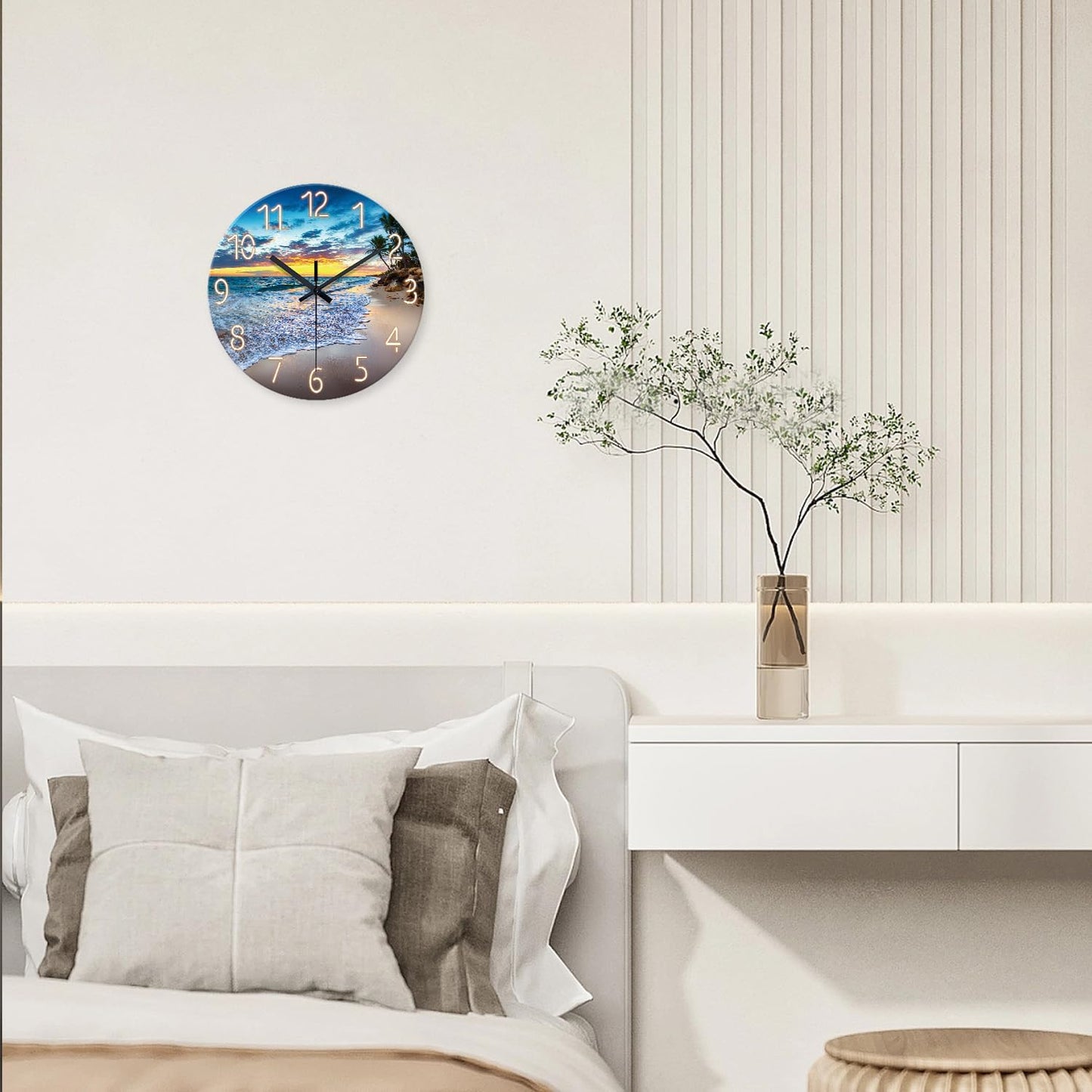 Beach Wall Clock Battery Operated 12 Inch Glass Wall Clock Non Ticking Analog Blue Wall Clocks for Bedroom Living Room Office Decor