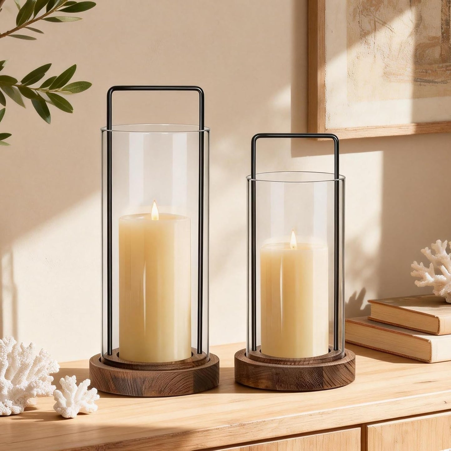 Houmury Set of 2 Hurricane Candle Holders Lantern 12” & 10”with Wood Base Metal Handle Glass Cylinder Modern Farmhouse Decor for Home Decoration, Table Centerpieces (Warm Amber Brown)