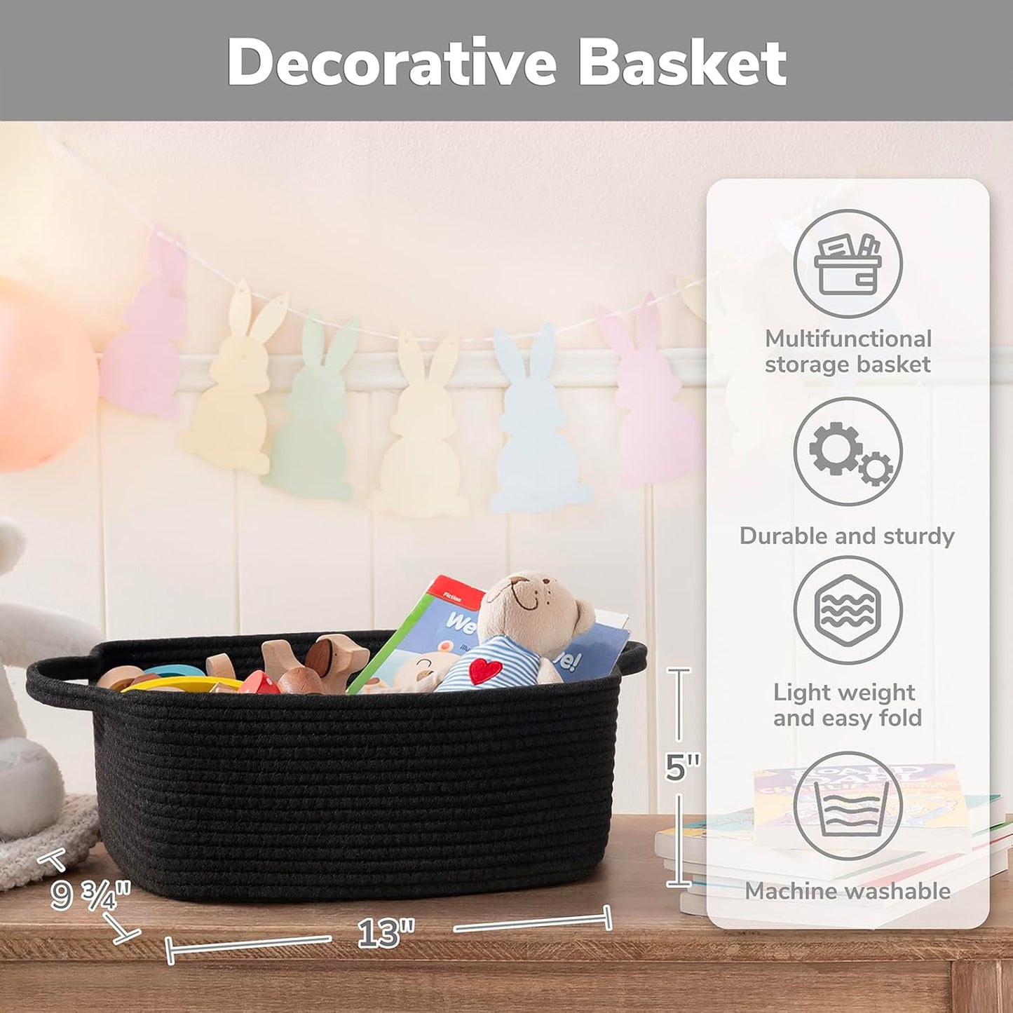 CHICVITA Decorative Gift Basket, Easter Basket for Kids, Woven Rope Storage Baskets with Handles, Nursery Baby Shower Toy Organizer, Grey, 13 x 9.8 x 5 inches