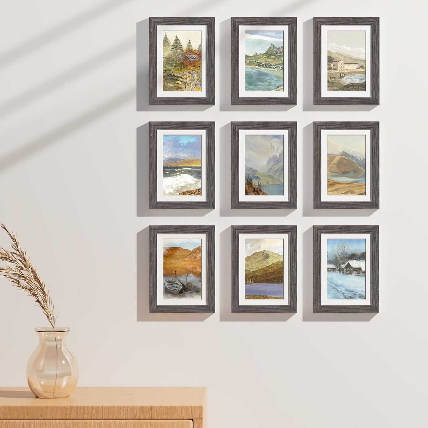 Vittanly 8x10 Picture Frames Set of 9, Shatter Resistant Plexiglass, Display 5x7 Pictures with Mat or 8x10 without Mat, Photo Frames for Wall or Tabletop, Engineered Wood, Black - Colors B