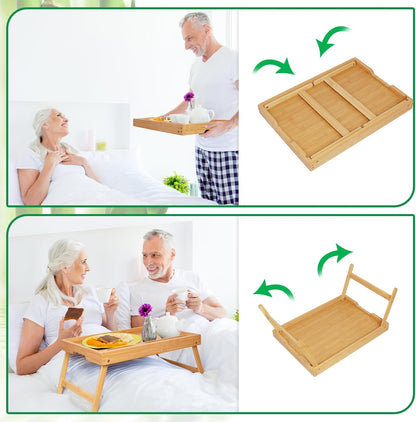 Bed Tray Table with Handles Folding Legs,Bamboo Breakfast Food Tray with Media Slot,Use As Platter,Laptop Desk,Snack,TV Tray Kitchen Serving Tray Black Large