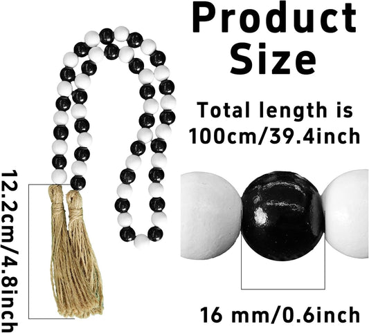 pson 39.4 Inch Wood Bead Garland with Tassels, Farmhouse Beads for Wall Hanging, Boho Rustic Prayer Beads, and Home Décor(Black and White)