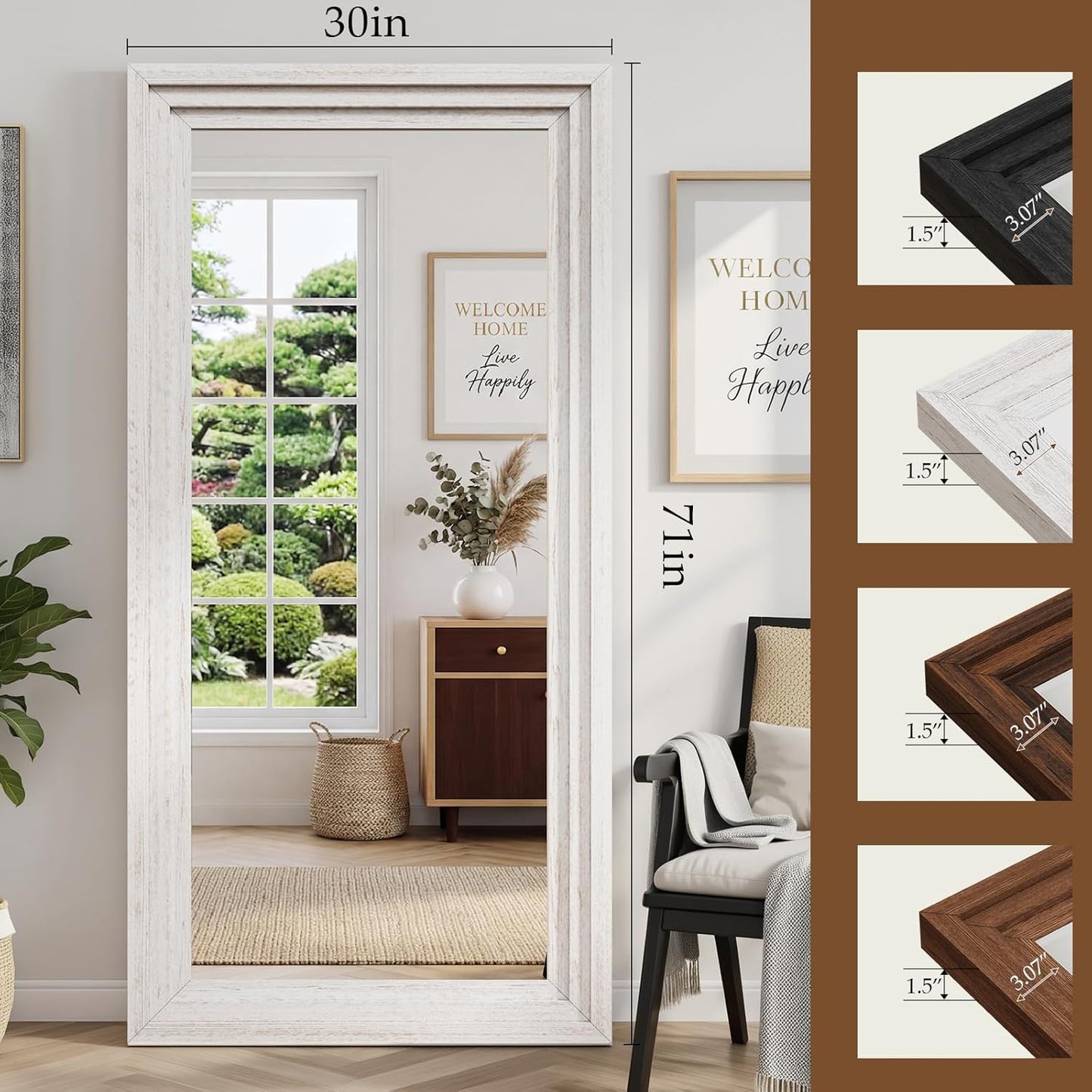 Full Length Mirror 71"x30", Large Solid Wood Frame Floor Mirror, Leaning Floor Mirror, Stable Frame, Shatterproof Glass, Modern Classic Style for Bedroom, Living Room, Entryway