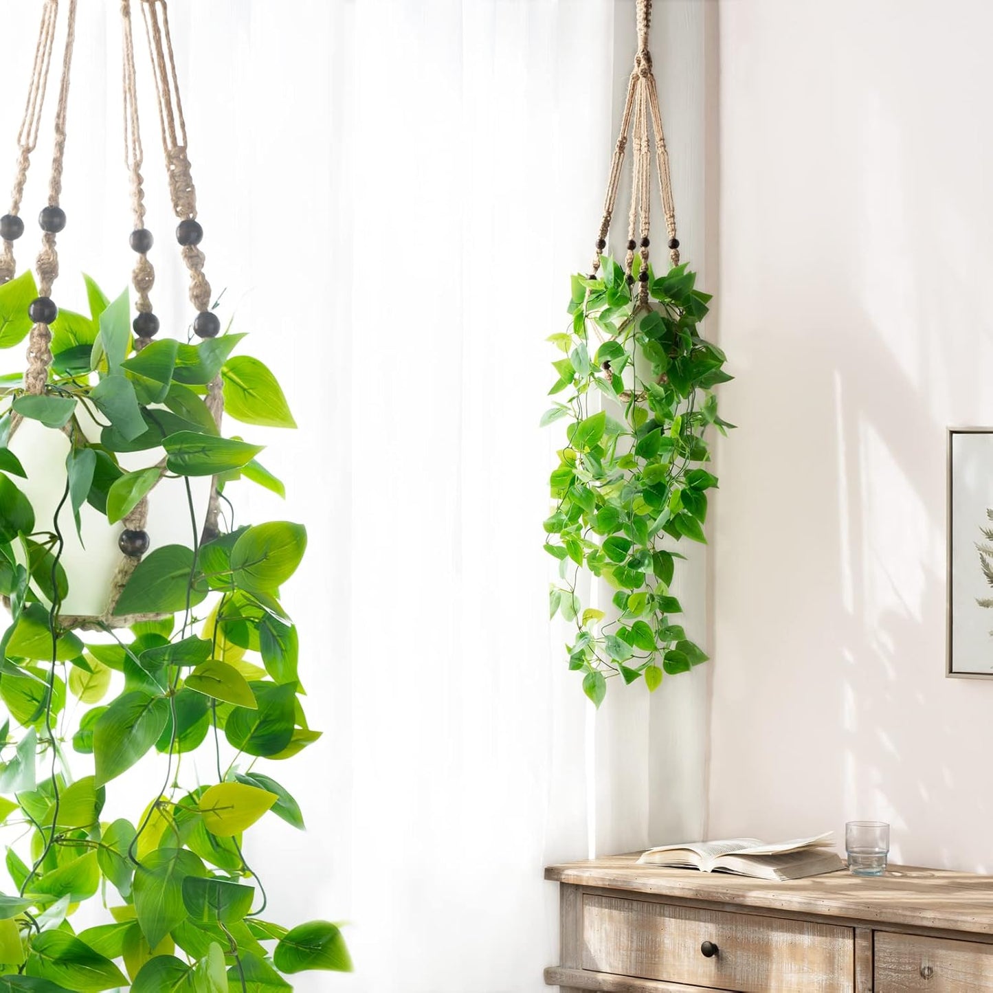 Mkono Fake Hanging Plant with Pot, Artificial Plants for Home Decor Indoor Macrame Plant Hanger with Fake Vines Greenery for Bedroom Bathroom Kitchen Office Decor, Ivory (Pothos)