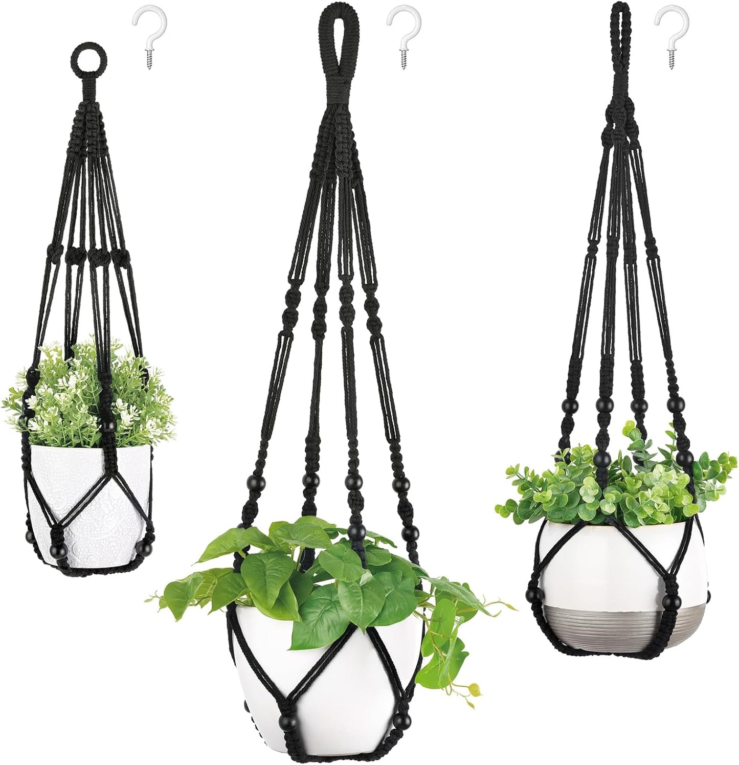Mkono 3 Pack Macrame Plant Hangers Indoor Different Size Hanging Planter Basket Flower Pot Holder with Beads No Tassels 35"/29"/23", Medium, Brown