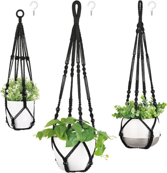 Mkono 3 Pack Macrame Plant Hangers Indoor Different Size Hanging Planter Basket Flower Pot Holder with Beads No Tassels 35"/29"/23", Medium, Brown