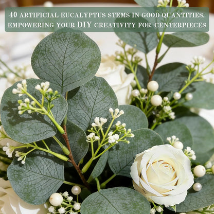 40 Pcs Faux Eucalyptus Leaves Stems Bulk Silver Dollar White Seed Artificial Greenery Stems Fake Sprays Branches for Wedding Table Centerpiece Bouquet Garland Floral Arrangement Home Decor