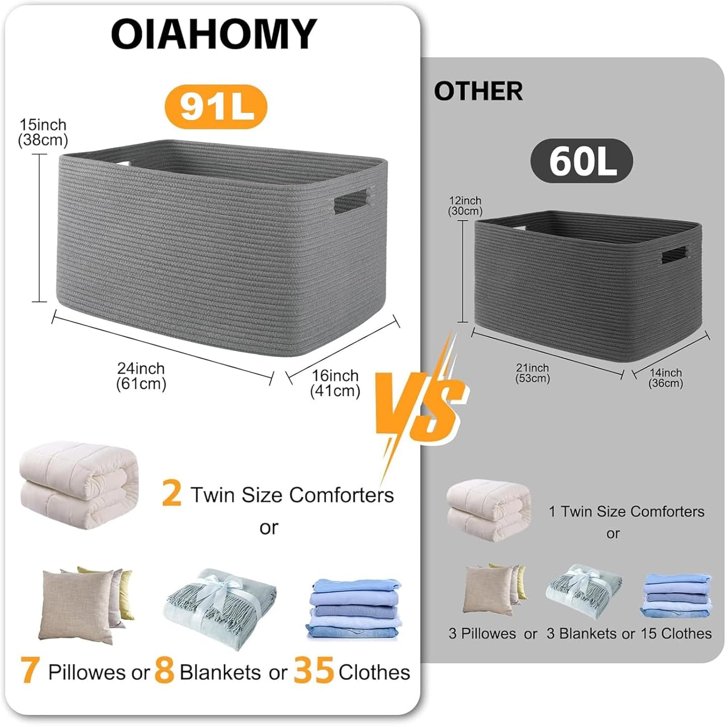 OIAHOMY 75L Large Woven Cotton Rope Storage Basket with Handle for Organizing Blanket and Toys for Living Room, Nursery, Brown Variegated 22”x17”x12”