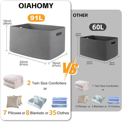 OIAHOMY 75L Large Woven Cotton Rope Storage Basket with Handle for Organizing Blanket and Toys for Living Room, Nursery, Brown Variegated 22”x17”x12”