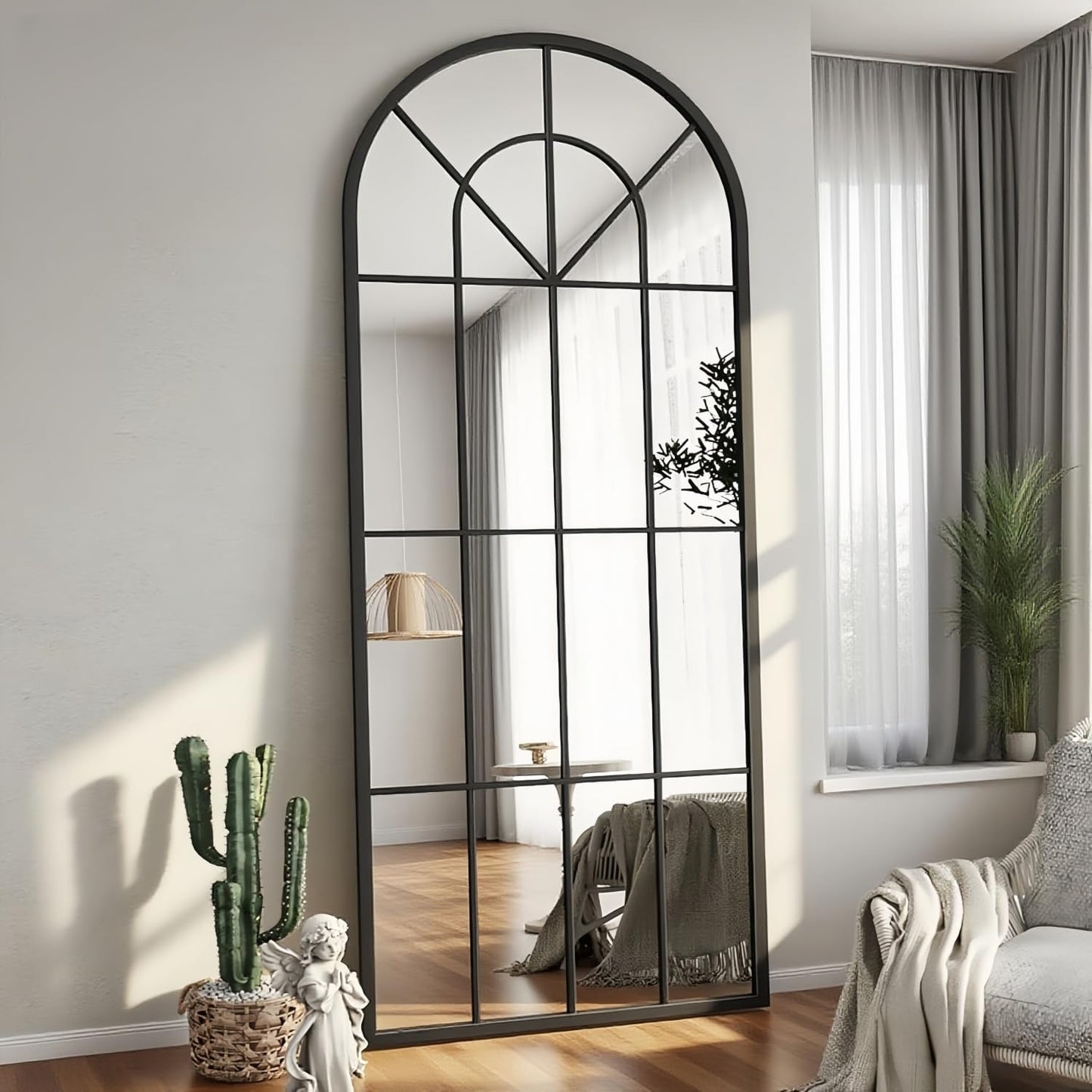 Dewfig 65"x 22" Arched Window pane Full Length Mirror, Wall Mirror, Floor Standing Mirrors, Farmhouse Long Full Body Mirrors Wall Mounted for Living Room, Bedroom, Entryway, Fireplace, Black