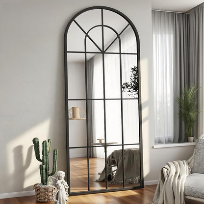 Dewfig 65"x 22" Arched Window pane Full Length Mirror, Wall Mirror, Floor Standing Mirrors, Farmhouse Long Full Body Mirrors Wall Mounted for Living Room, Bedroom, Entryway, Fireplace, Black