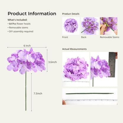 Auihiay 64 PCS Artificial Hydrangea Flowers, Silk Hydrangea Full Flowers Heads with Stems for Wedding Centerpieces, Home, Garden, Baby Shower, Party Decoration (Ivory)