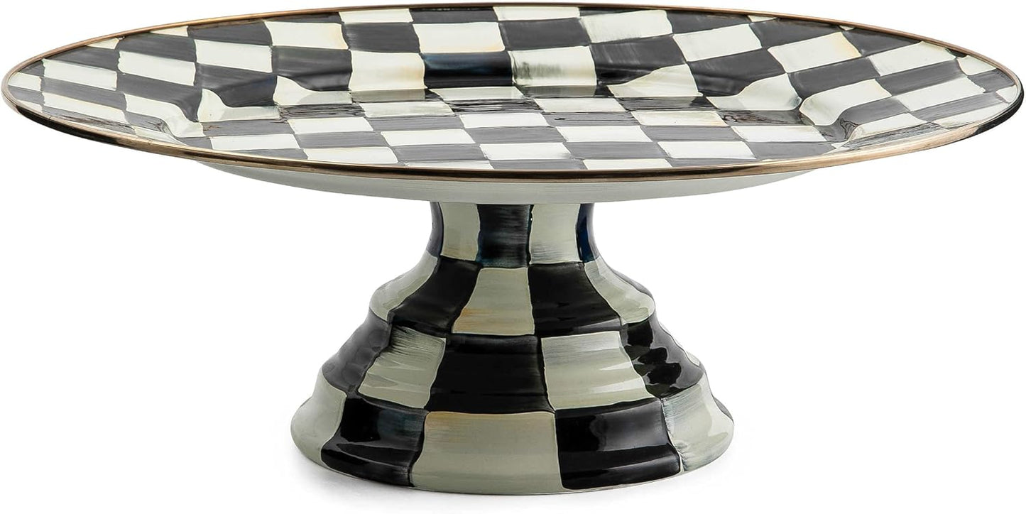 MACKENZIE-CHILDS Enamel Pedestal Serving Platter, Decorative Serving Dish for Food, Small, Black-and-White Courtly Check