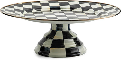 MACKENZIE-CHILDS Enamel Pedestal Serving Platter, Decorative Serving Dish for Food, Small, Black-and-White Courtly Check