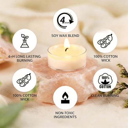 Soy Wax Tealight Candles 100 Packs, 4 Hour Long Burning, Unscented White Smokeless Candles, Non-Toxic Paraffin-Free Clear Acrylic Cup Tea Lights for Weddings, Home, Emergencies & Dinner