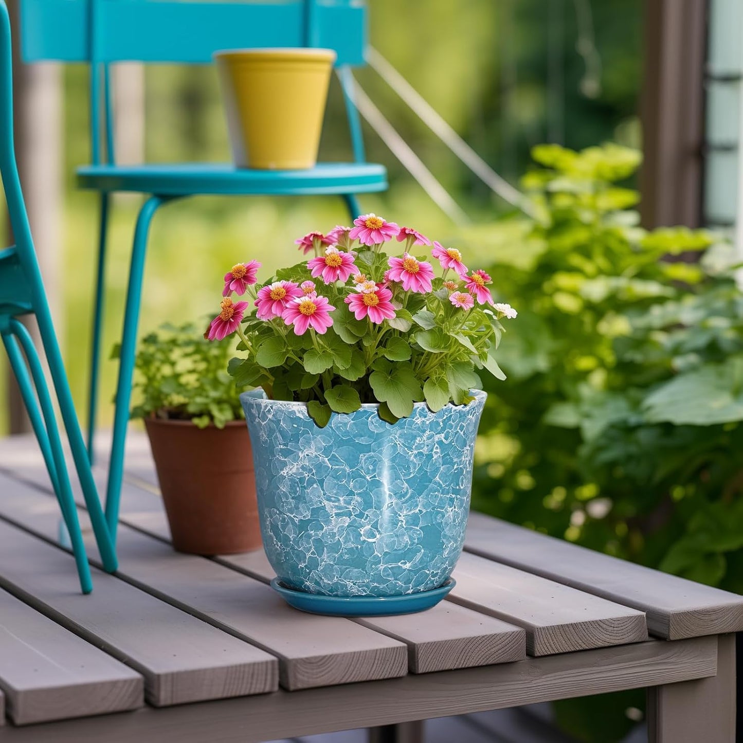 Ceramic Plant Pots - 12 Inch Pots for Plants Indoor Outdoor, Large Round Planter with Drainage Hole and Saucer, Modern Decorative Flower Pot, Home Garden Decor, House Warming Gifts, Blue