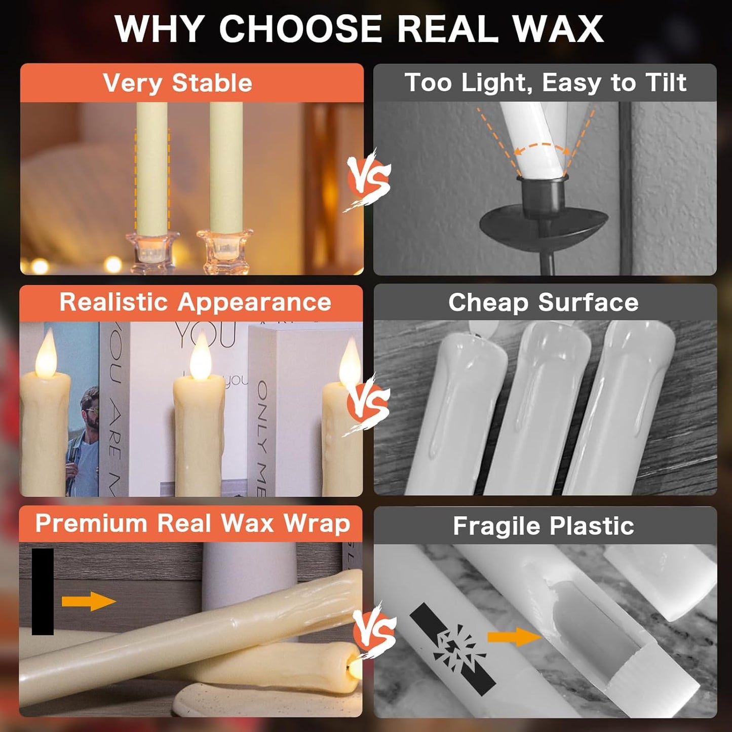 KSWING Upgraded Real Wax Short LED Flameless Taper Candles with Remote, 6 PCS White Candlesticks Battery Operated 3D Flickering - 6" Realistic Fake Candle Sticks for Home/Wedding/Fireplace Xmas Decor