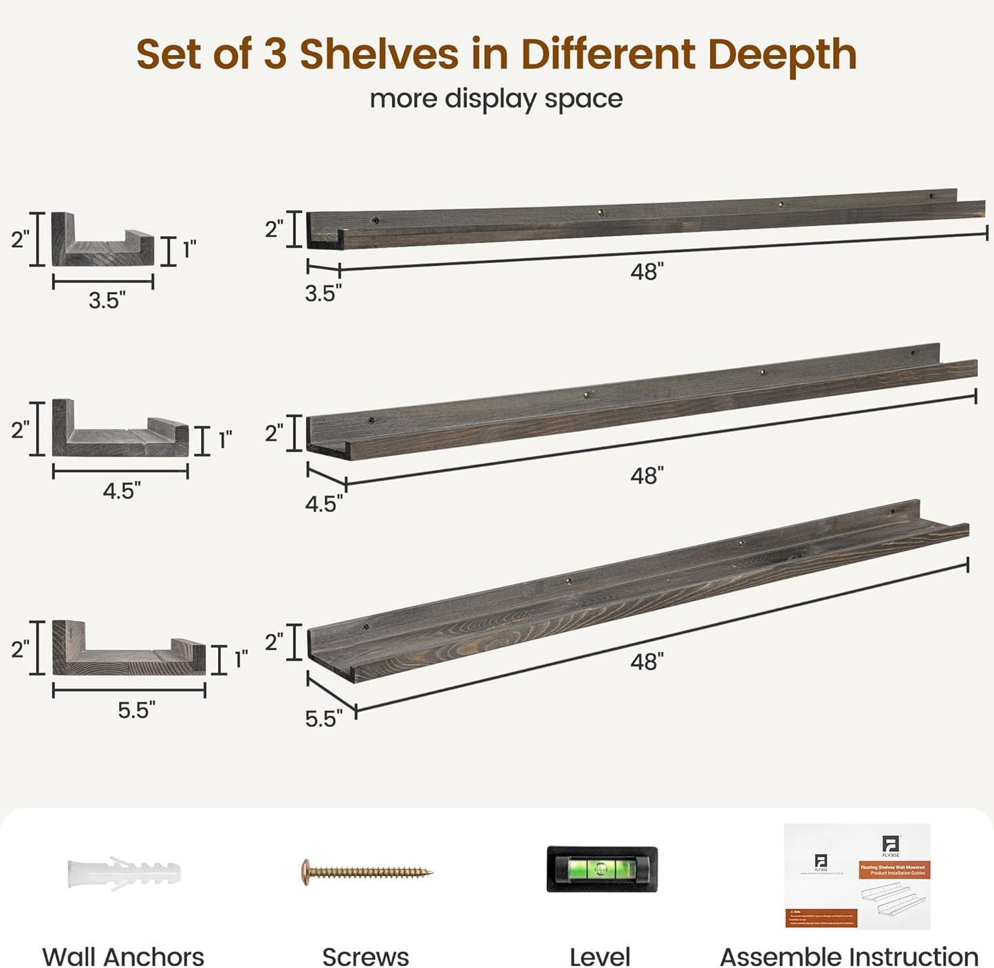 FLYJOE Picture Ledge Shelf, Floating Shelves Set of 2, Solid Pine Wood 55'' Long Large Nursery Book Shelves for Toys Storage, Kids Bookshelf for Living Room Bedroom Decor Books Photo Frames, Walnut