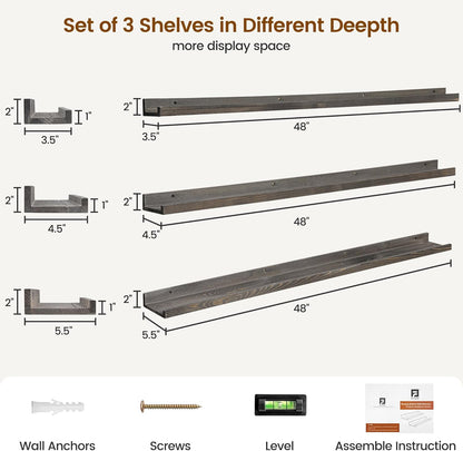 FLYJOE Picture Ledge Shelf, Floating Shelves Set of 2, Solid Pine Wood 55'' Long Large Nursery Book Shelves for Toys Storage, Kids Bookshelf for Living Room Bedroom Decor Books Photo Frames, Walnut