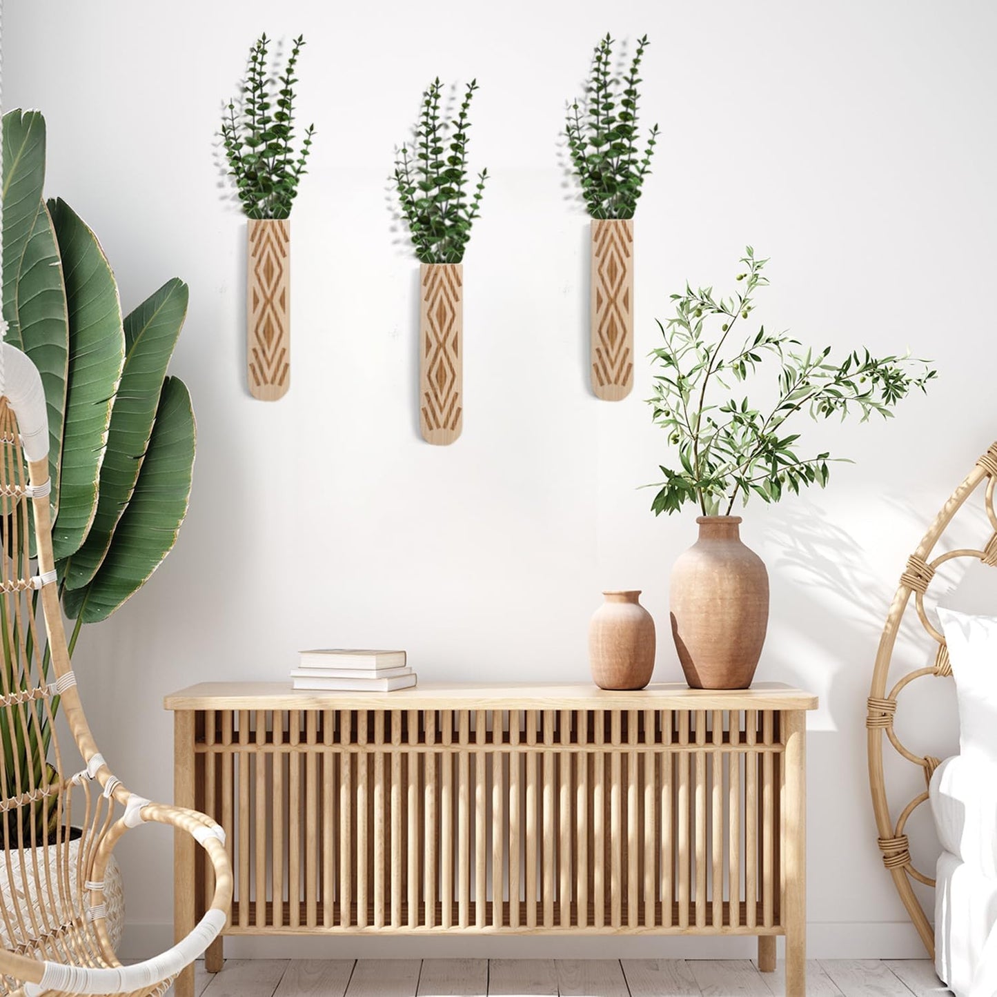 Wooden Wall Planter Set of 4 - Modern Home Decor for Living Room, Bedroom, Bathroom - Walnut Finish Planter for Dried Flowers, Faux Greenery, Indoor Plants