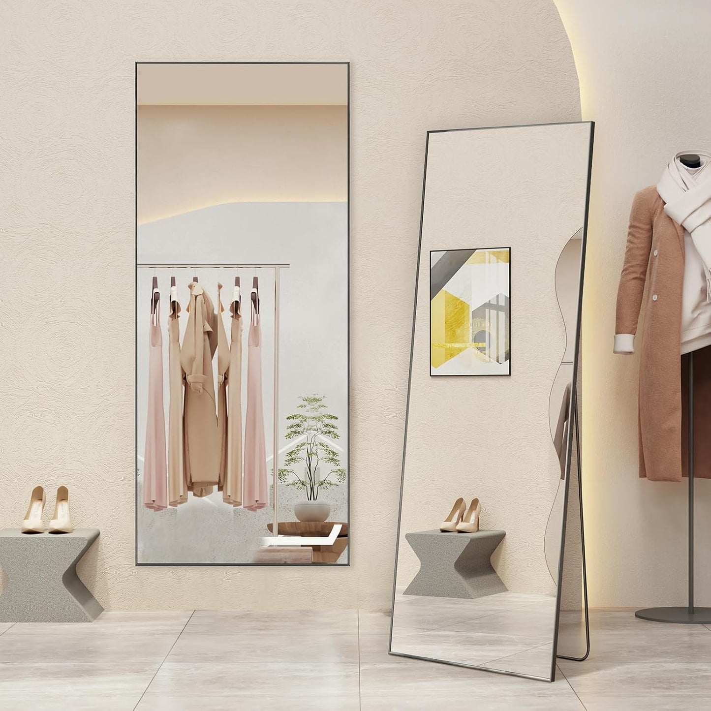 Mirror Full Length, Upgraded Body Wall Mirrors with Shatter-Proof Glass, Floor Standing, Hanging or Leaning, Tall Mirror with Stand Aluminum Alloy Frame for Bedroom