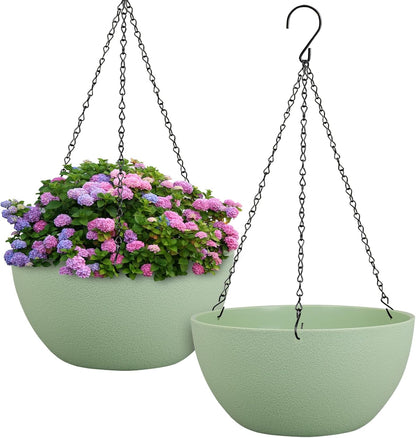 Meowell 10 inch Hanging Planters for Indoor Outdoor Plants, 2 Pack Hanging Flower Pots with Drainage Holes and Chain for Garden Porch, Plastic Hanging Baskets for House Plants, Speckled Grey