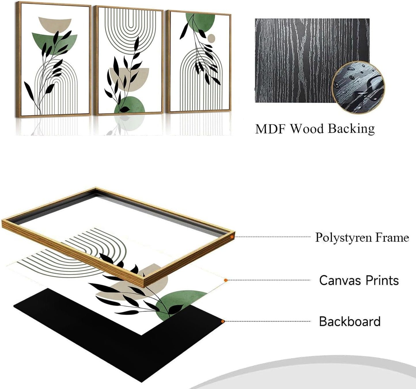 Bwodke Boho Wall Art, Framed Abstract Wall Art, Green Botanical Neutral Canvas Wall Decor, Large Mid Century Plant Pictures Set of 3, Modern Minimalist Paintings, for Bedroom Living Room Bathroom