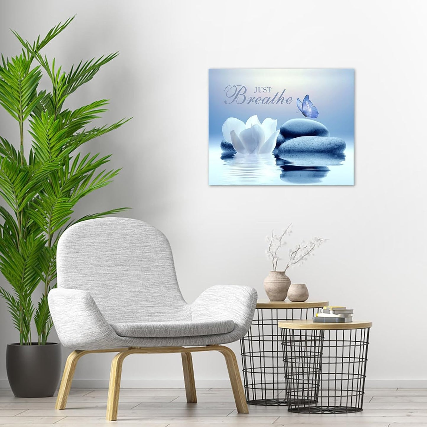EOBTAIN Zen Flower Canvas Wall Art Bathroom Butterfly and Water Lily Stone Relaxing Spiritual Yoga Framed Wall Art Just Breathe Pictures Canvas Wall Decor for Living Room Bedroom,12x16 Inches