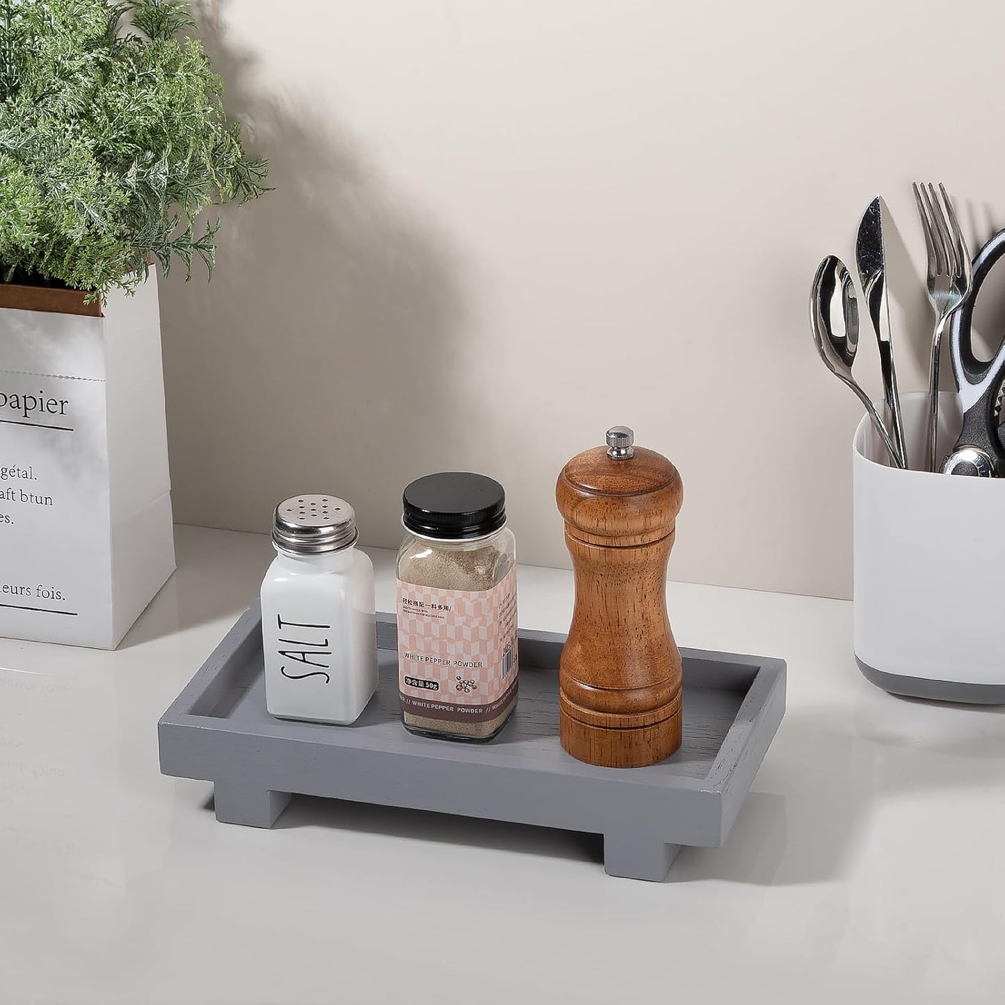 Decorative Tray Small Pedestal Stand Farmhouse Bathroom Decor Wooden Riser Display Stand for Vanity, Kitchen Countertop, Sink, 9.4 * 4.7 White