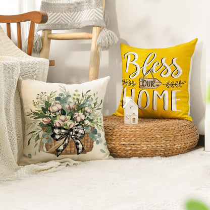AVOIN colorlife Bless Our Home Farmhouse Eucalyptus Leaves Throw Pillow Covers, 18 x 18 Inch Truck Home Sweet Home Cushion Case Decorations Set of 4