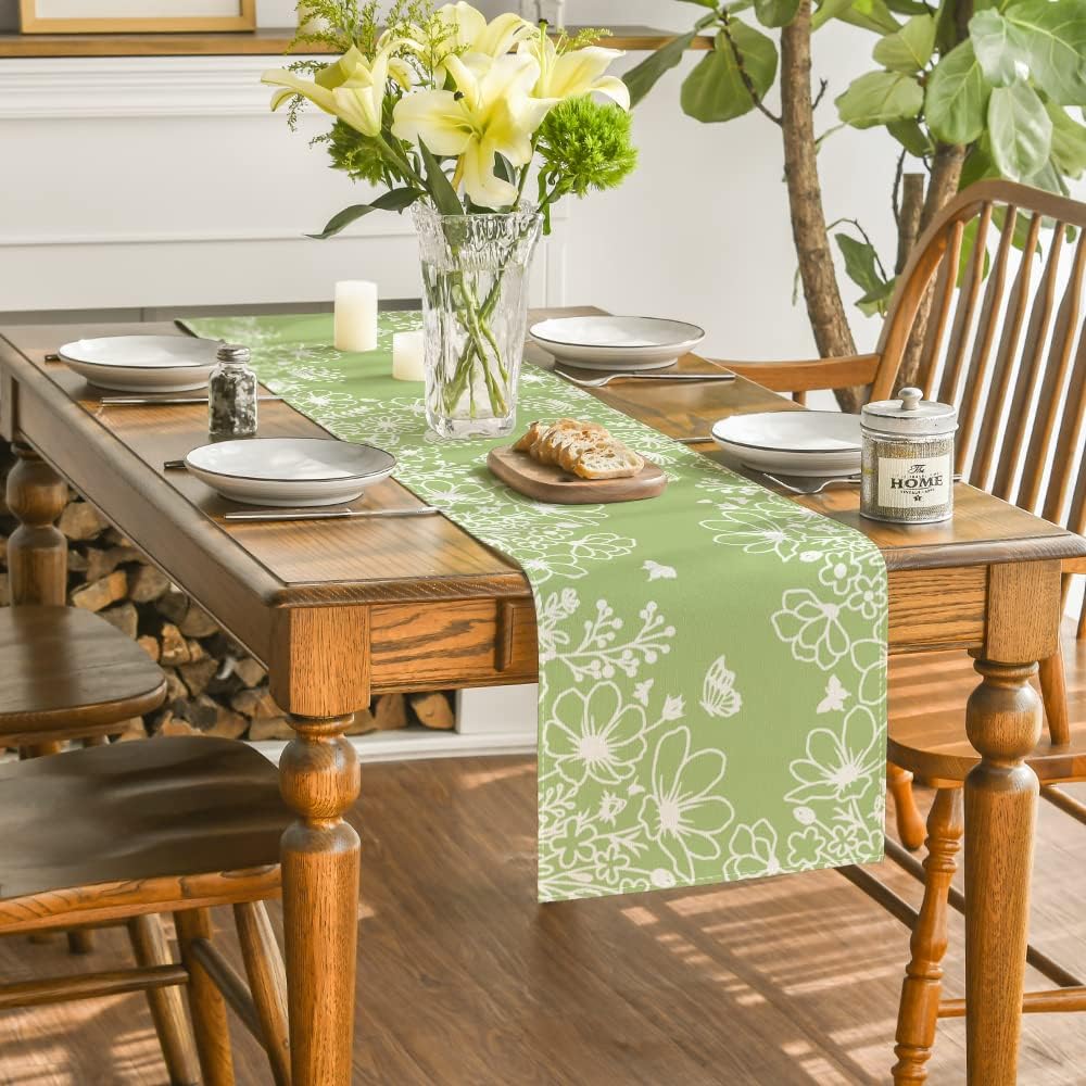 Artoid Mode Pink Bloom Flowers Butterfly Spring Table Runner, Seasonal Holiday Kitchen Dining Table Decoration for Home Party Indoor 13x72 Inch